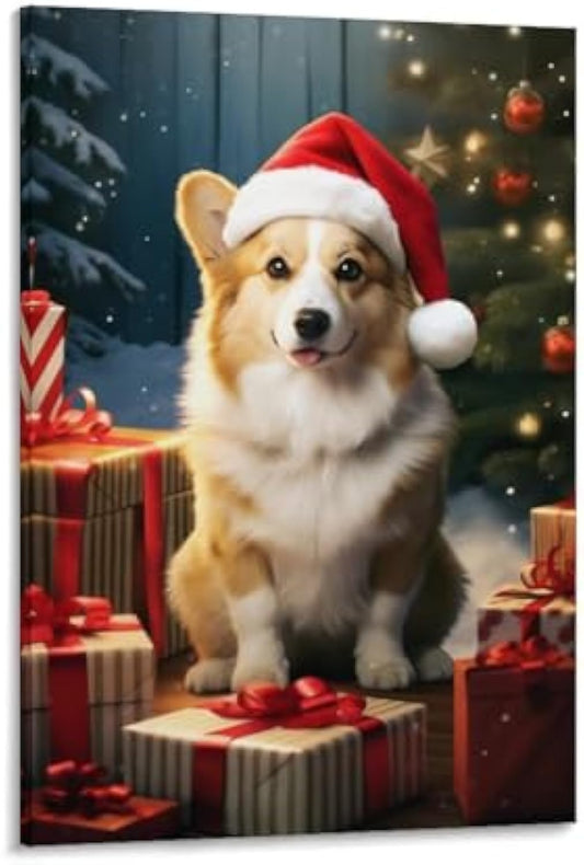 Funny Animals Cute Pet Christmas Corgi Dog Poster Paintings Wall Decor Canvas Wall Art Photo Prints Posters for Room Aesthetic Bedroom Living Room Decor for Mens Framed Unframed