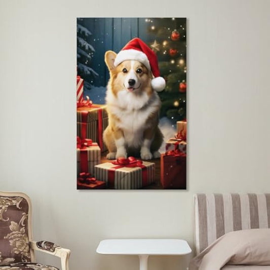 Funny Animals Cute Pet Christmas Corgi Dog Poster Paintings Wall Decor Canvas Wall Art Photo Prints Posters for Room Aesthetic Bedroom Living Room Decor for Mens Framed Unframed